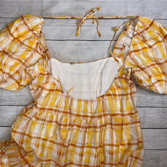 ASTR The Label Women's Ilana Yellow Plaid Midi Dress Puff Sleeve Open Back Large - Picture 9 of 9